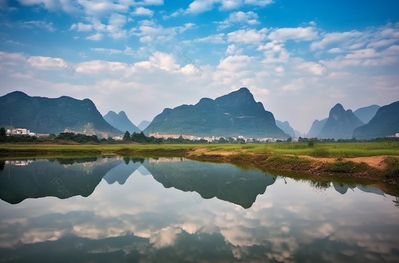 蓝天白云下的大山和湖泊,高清,摄影图,摄影图片,图片大全,摄影图免费下载